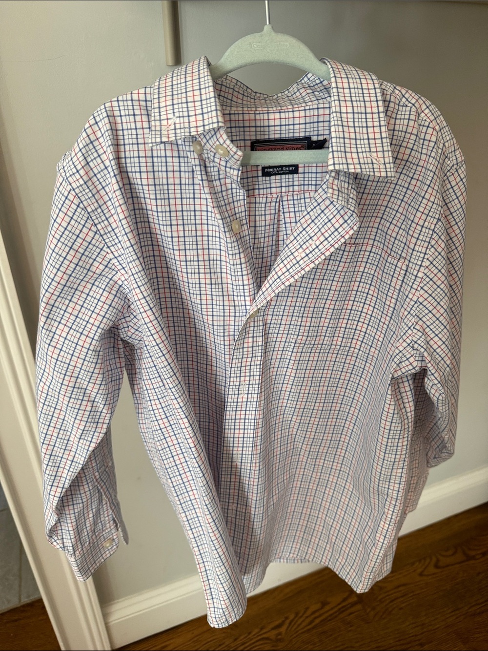 Vineyard Vines Kids White Button-Down Shirt with Blue and Red Plaid